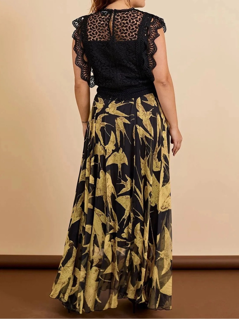 Chicwish Black Gold Swallows Bird Chiffon Maxi Skirt M - Picture 7 of 8